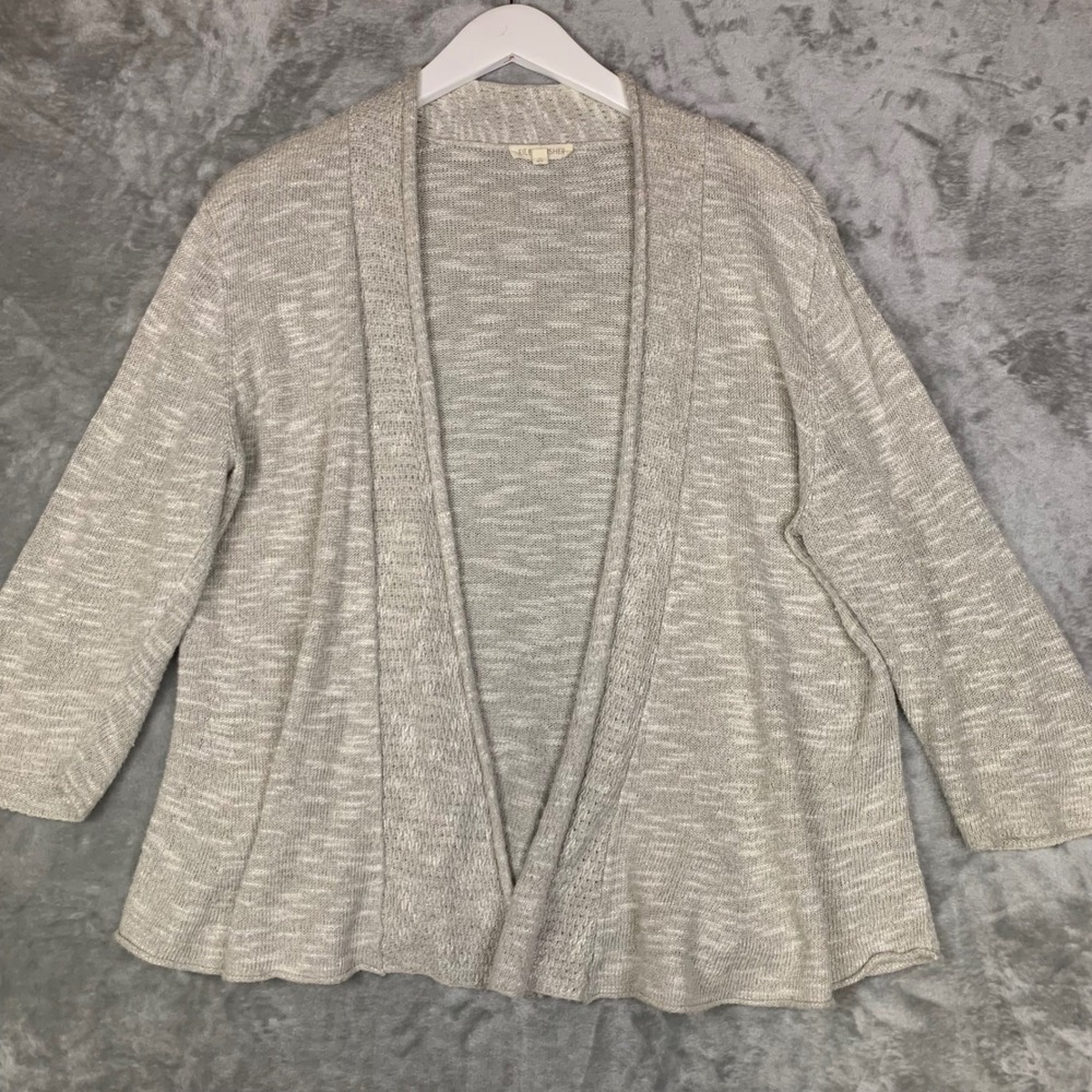Eileen Fisher Cardigan Linen Blend Open Front Oatmeal Marled Knit 3/4 Sleeve Lg